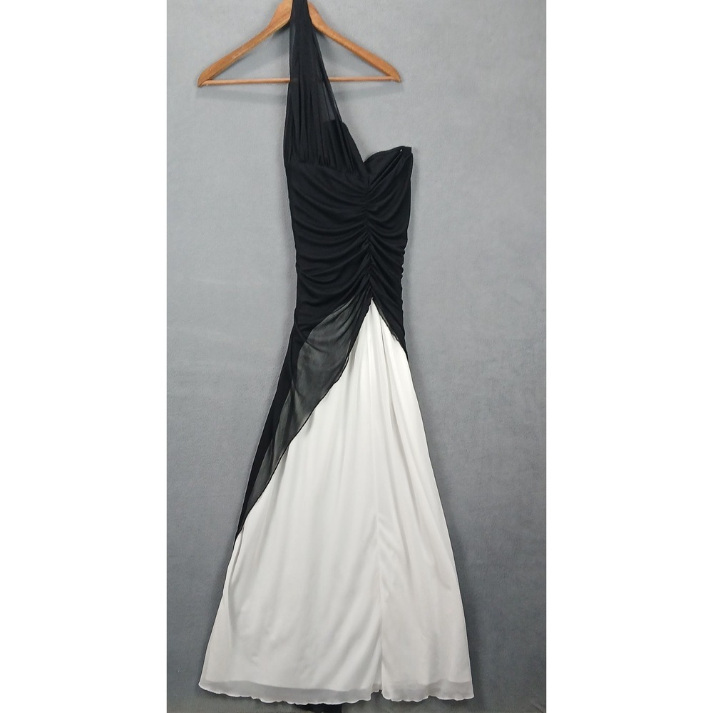 Mariposa One Shoulder Maxi Dress Womens Small Black White Mesh Ruffle Partywear